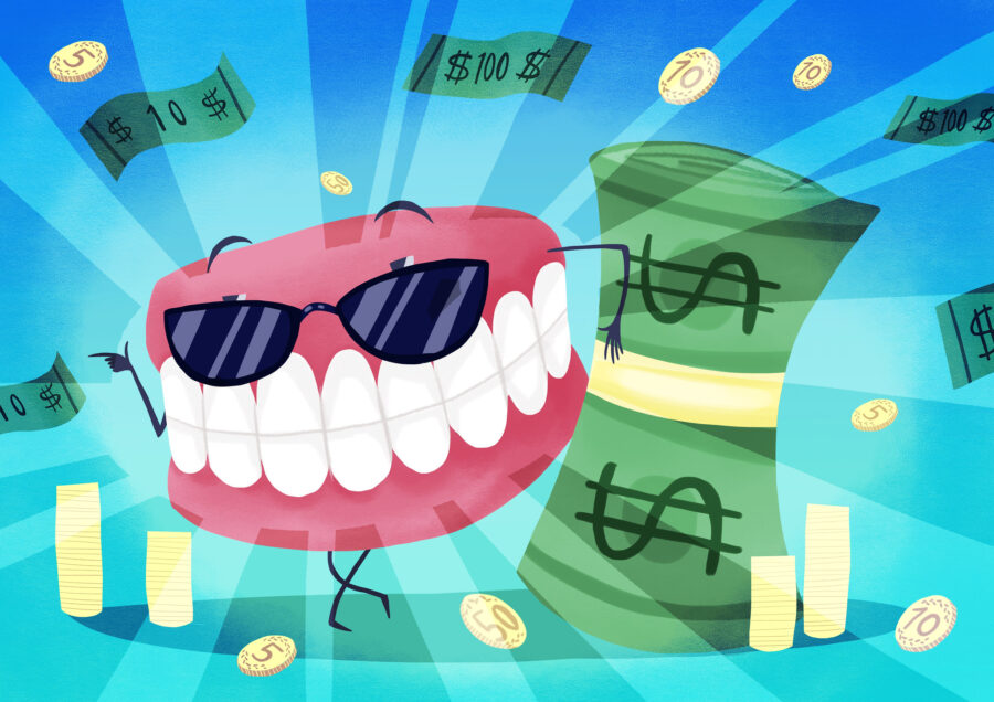 Graphic of a mouth and money for an in-house dental membership plan at Reach Dental, a dentist in Kyle, TX